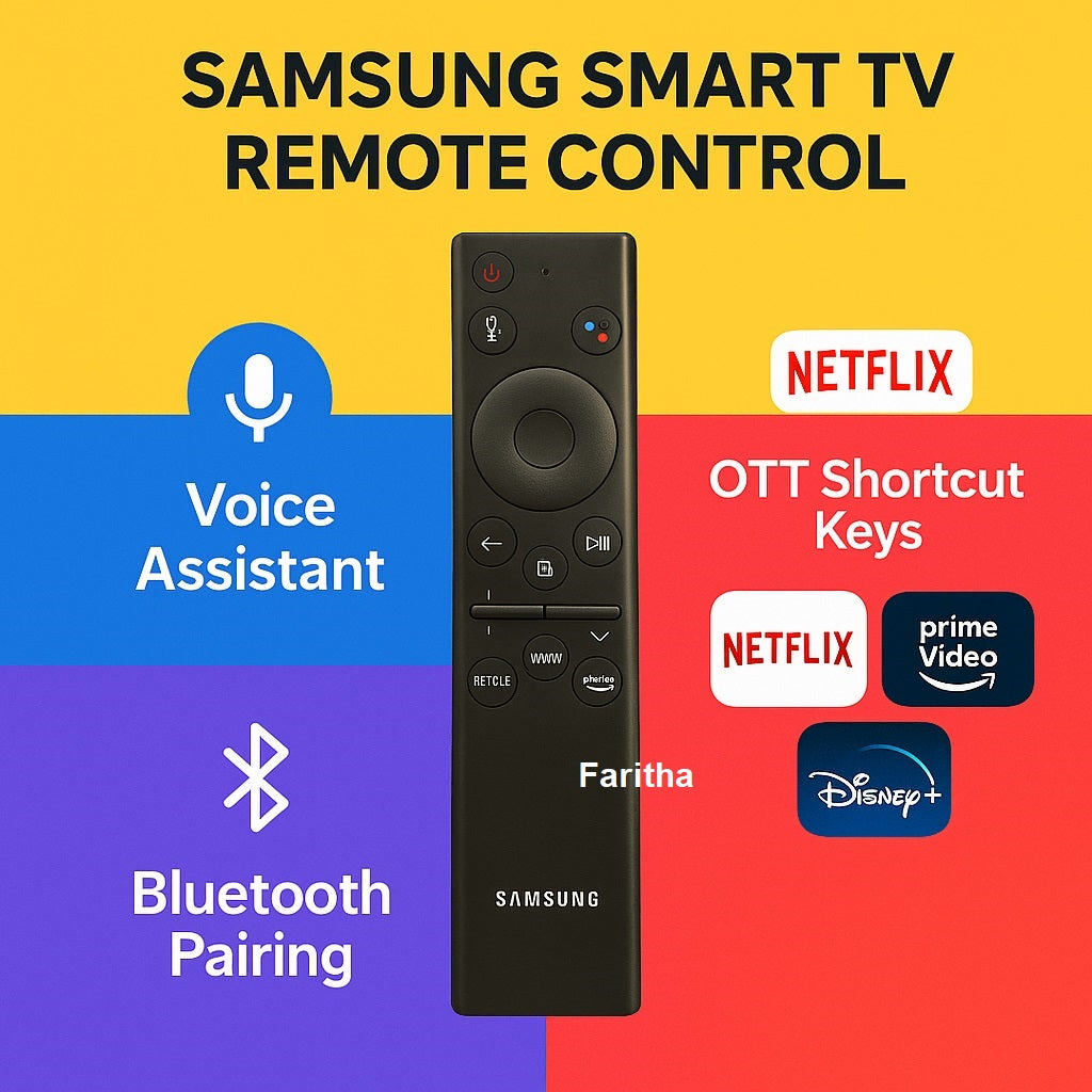 Samsung smart TV remote control with features like voice assistant, OTT shortcut keys, and Bluetooth pairing on a colorful background.