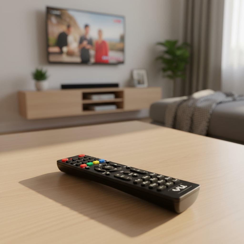 VU brand LED TV remote control — black remote with numeric and directional keys, buy India Faritha