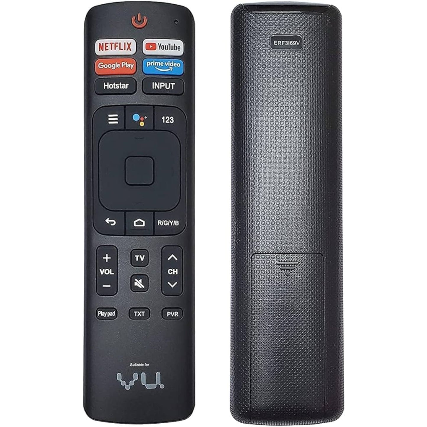 Front and back view of VU Smart TV Remote Control ERF369V โ Supports Netflix, Prime Video, YouTube, Hotstar & Voice Control