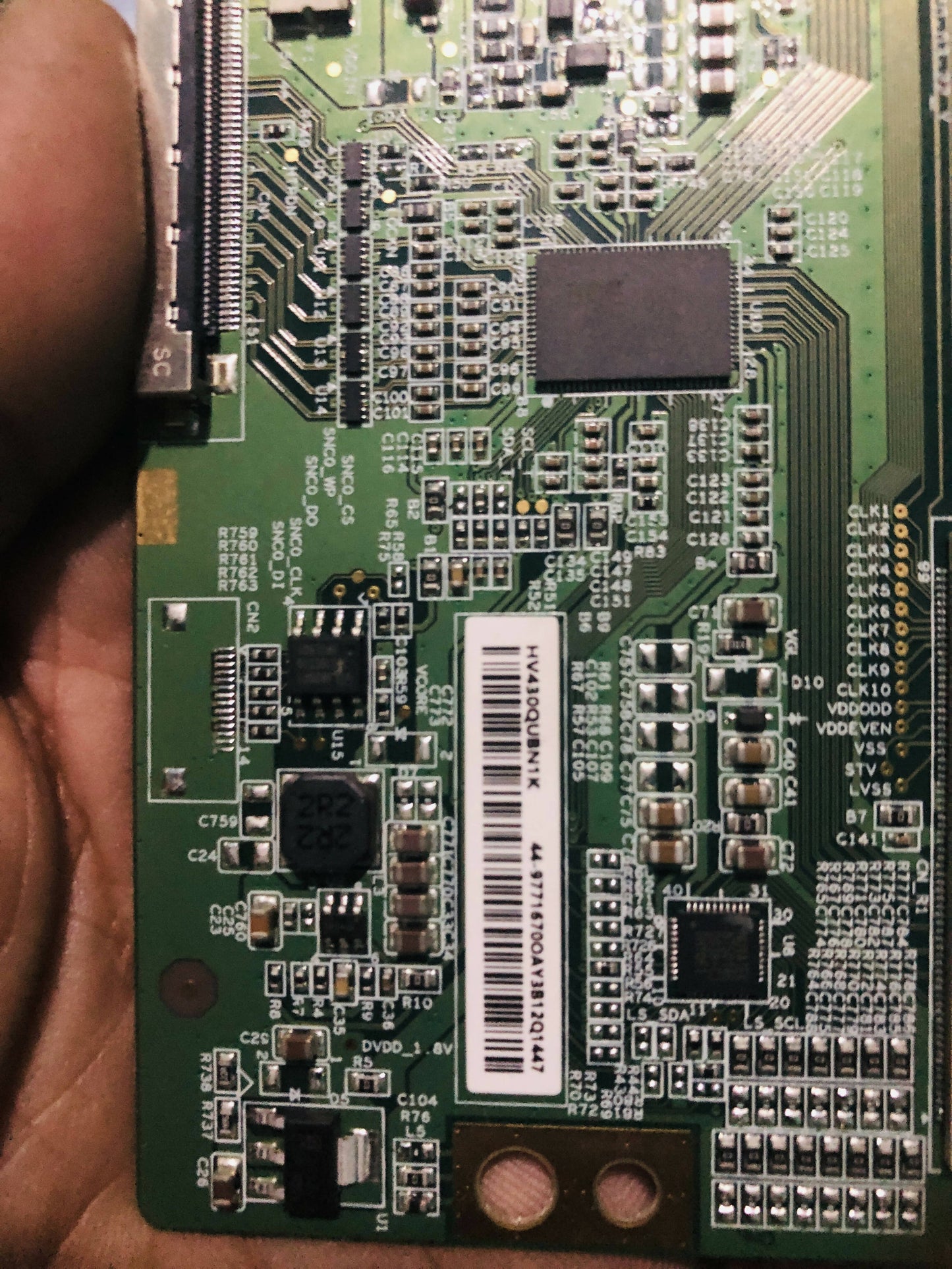 Close-up view of HV430QUB-N4K T-Con Board components
