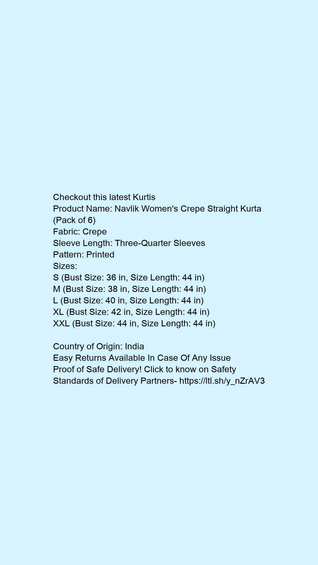 Navlik Women's Crepe Straight Kurta (Pack of 6)* - Faritha