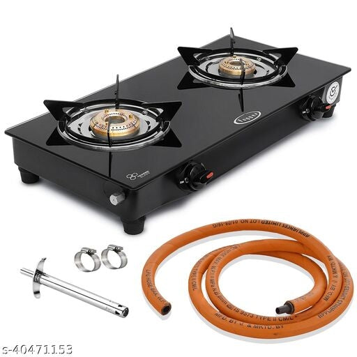 Nano Glass 2 Brass Burner Gas Stove With Hose Pipe & Nova Lighter - Faritha