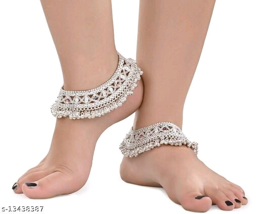 Aanya Centric 1 Pair Bridal Heavy Silver Plated White Metal Indian Traditional Ethnic Anklets Payal - Faritha