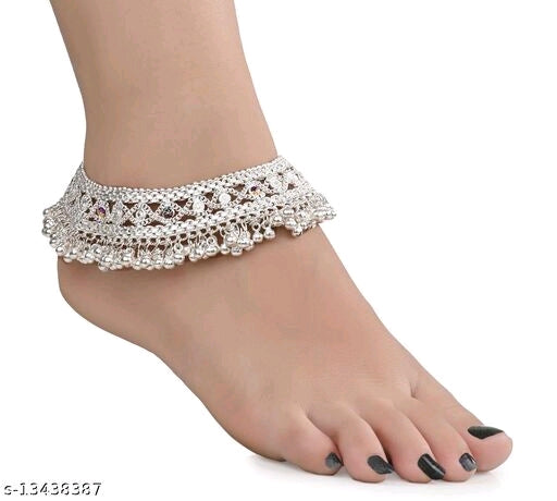 Aanya Centric 1 Pair Bridal Heavy Silver Plated White Metal Indian Traditional Ethnic Anklets Payal - Faritha