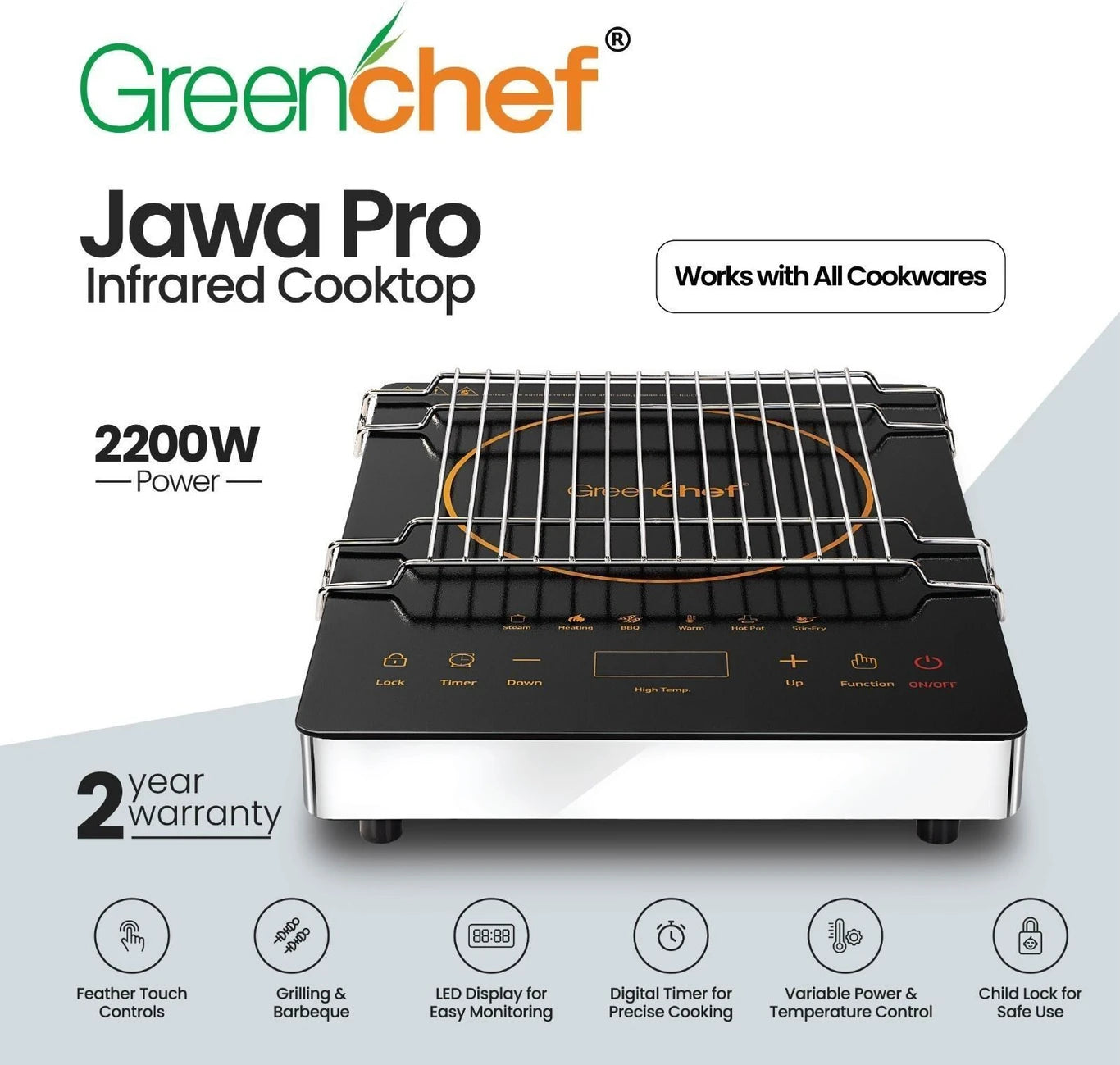 Greenchef 2200W Infrared Cooktop Touch Control LED | All Utensils Compatible