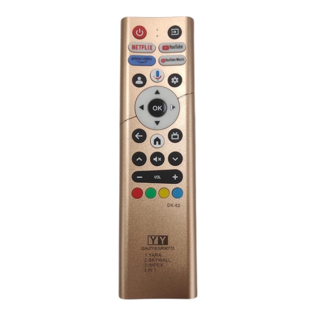 3-in-1 Smart LED TV Remote DK-62 front view compatible with YARA, IMPEX, SKYWALL