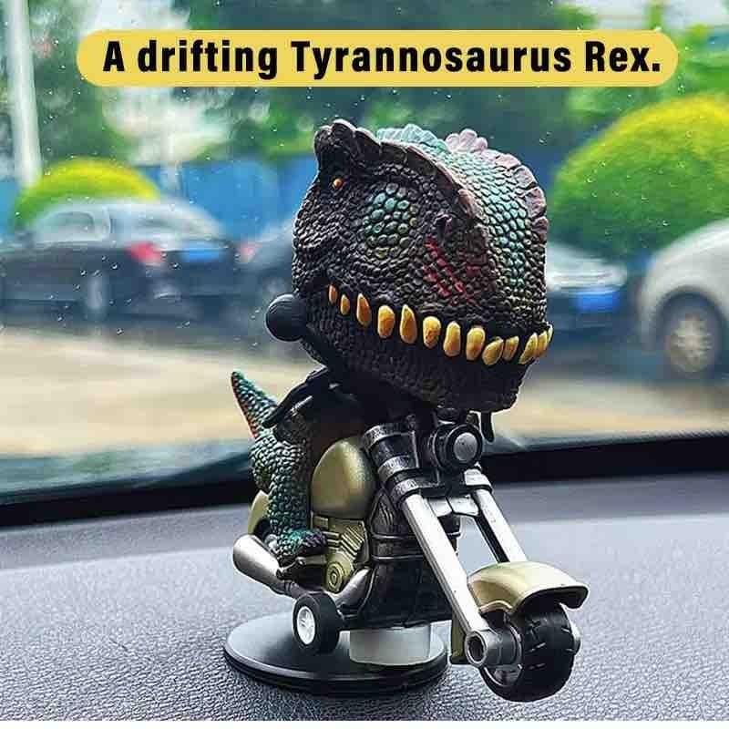 Dinosaur figurine on a motorcycle with 'A drifting Tyrannosaurus Rex' text, placed on a car dashboard.