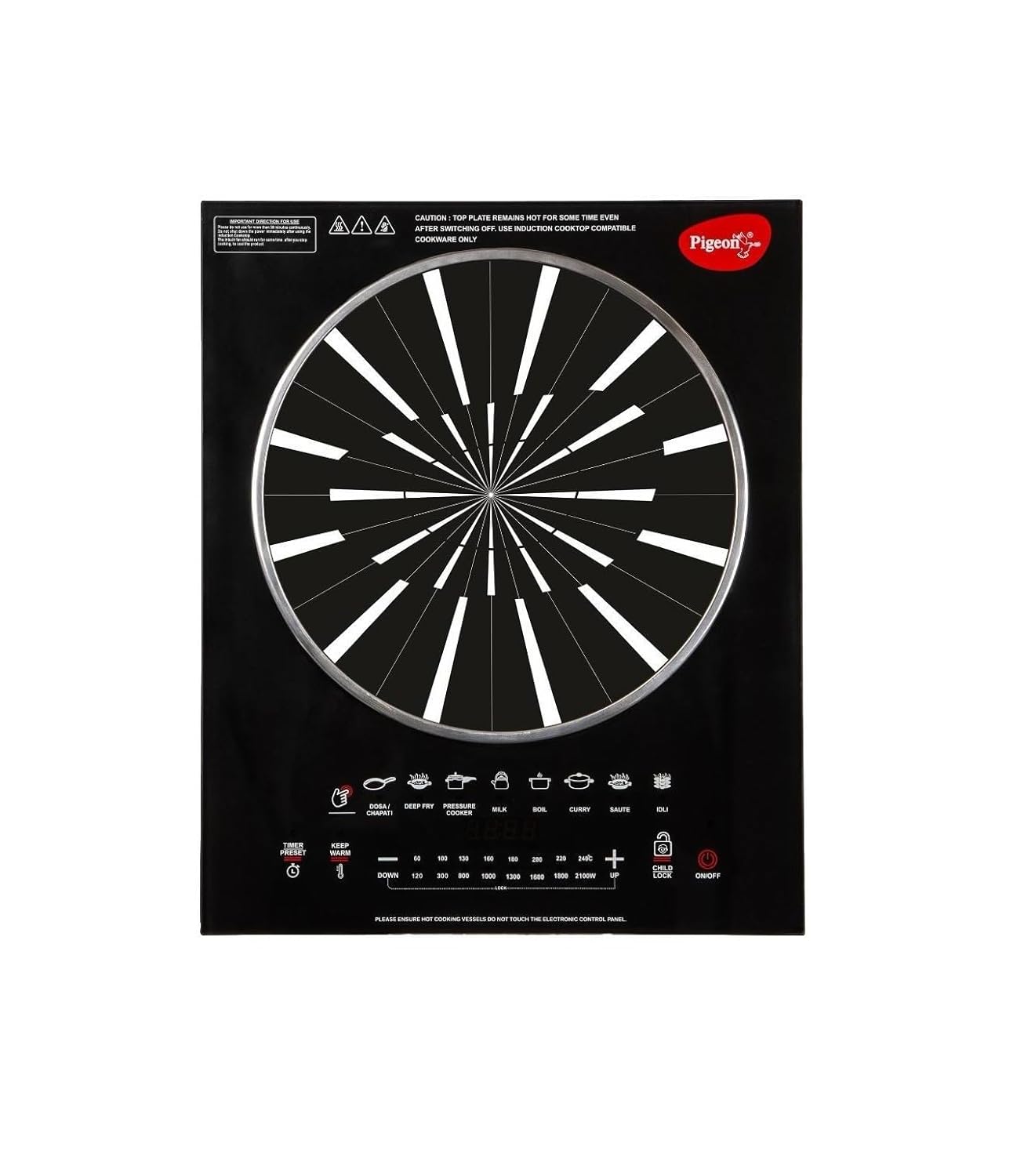 Pigeon Rapido Anti-Skid Induction Cooktop – 2100W High Power | 8 Preset Menus | Feather Touch Control | Energy Saving Cooker