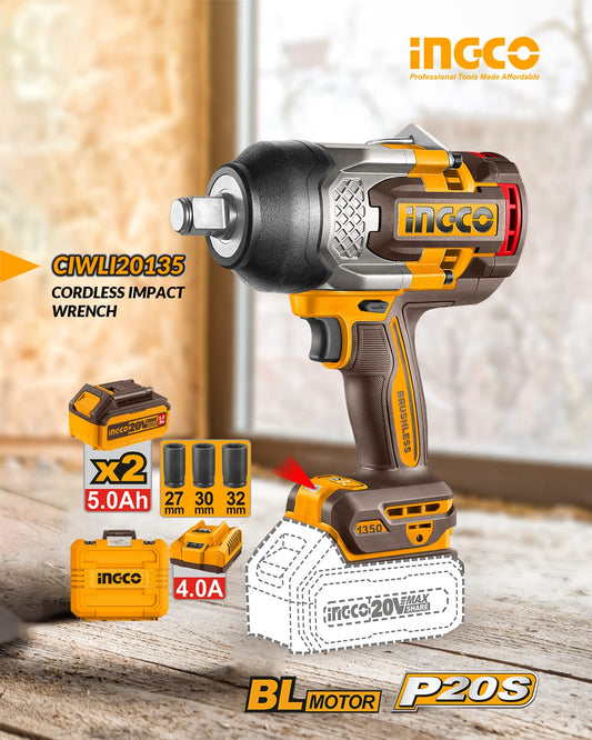 🔧 20V Brushless Cordless Impact Wrench – 3/4” Drive | 1350Nm Torque | Dual 5.0Ah Batteries + Charger + Socket Set CIWLI20135