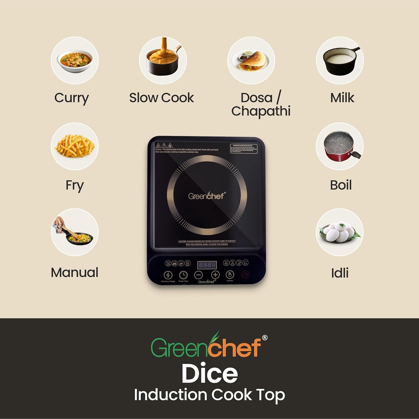 Greenchef DICE 2000W Induction Cooktop with LED Display Touch Panel & Preset Functions #