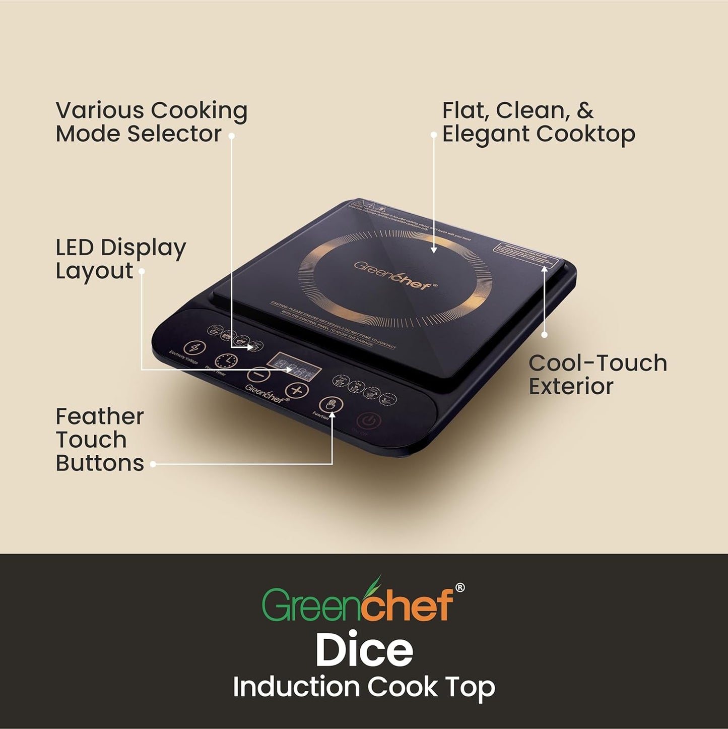 Greenchef DICE 2000W Induction Cooktop with LED Display Touch Panel & Preset Functions #
