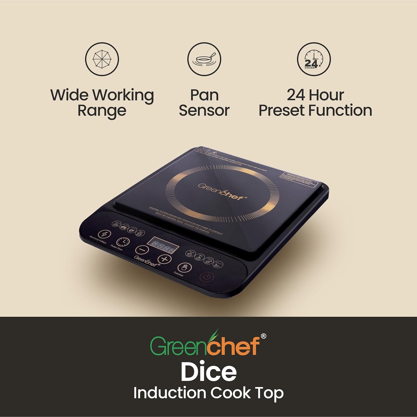 Greenchef DICE 2000W Induction Cooktop with LED Display Touch Panel & Preset Functions #