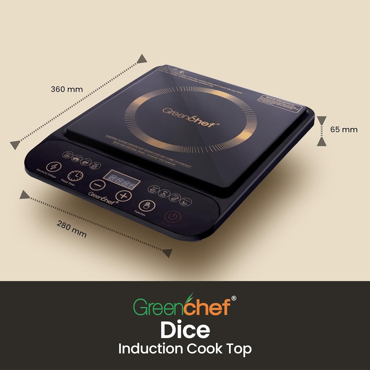 Greenchef DICE 2000W Induction Cooktop with LED Display Touch Panel & Preset Functions #