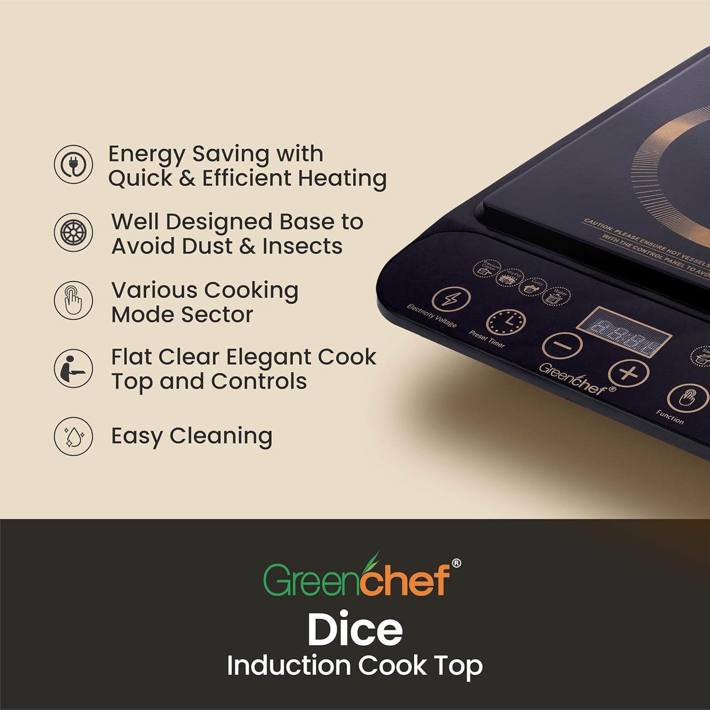 Greenchef DICE 2000W Induction Cooktop with LED Display Touch Panel & Preset Functions #
