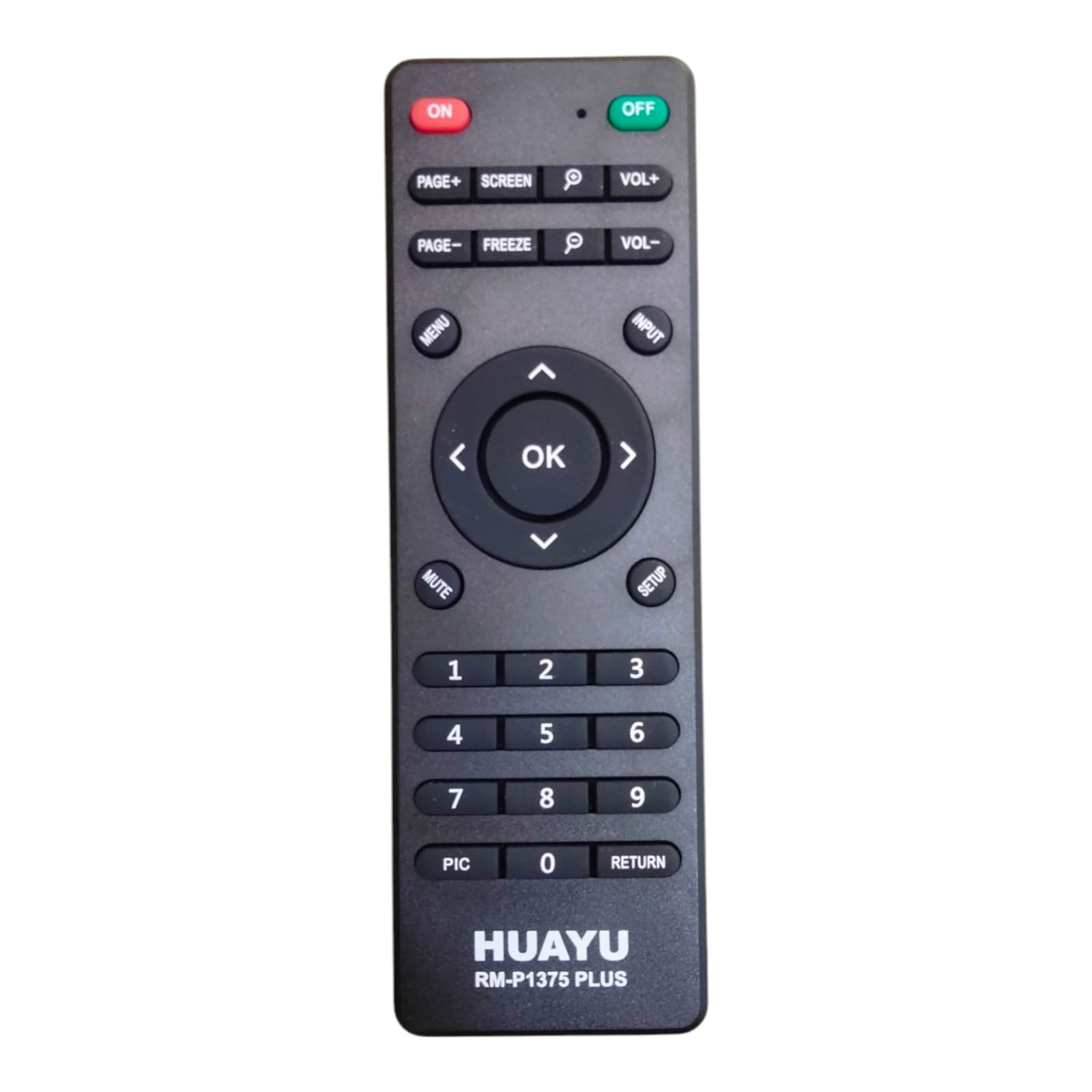 A black universal projector remote control with multiple buttons, including numeric keypad and directional keys, with the brand name 'HUAYU' and model number 'RM-P1375 PLUS' printed on the front.