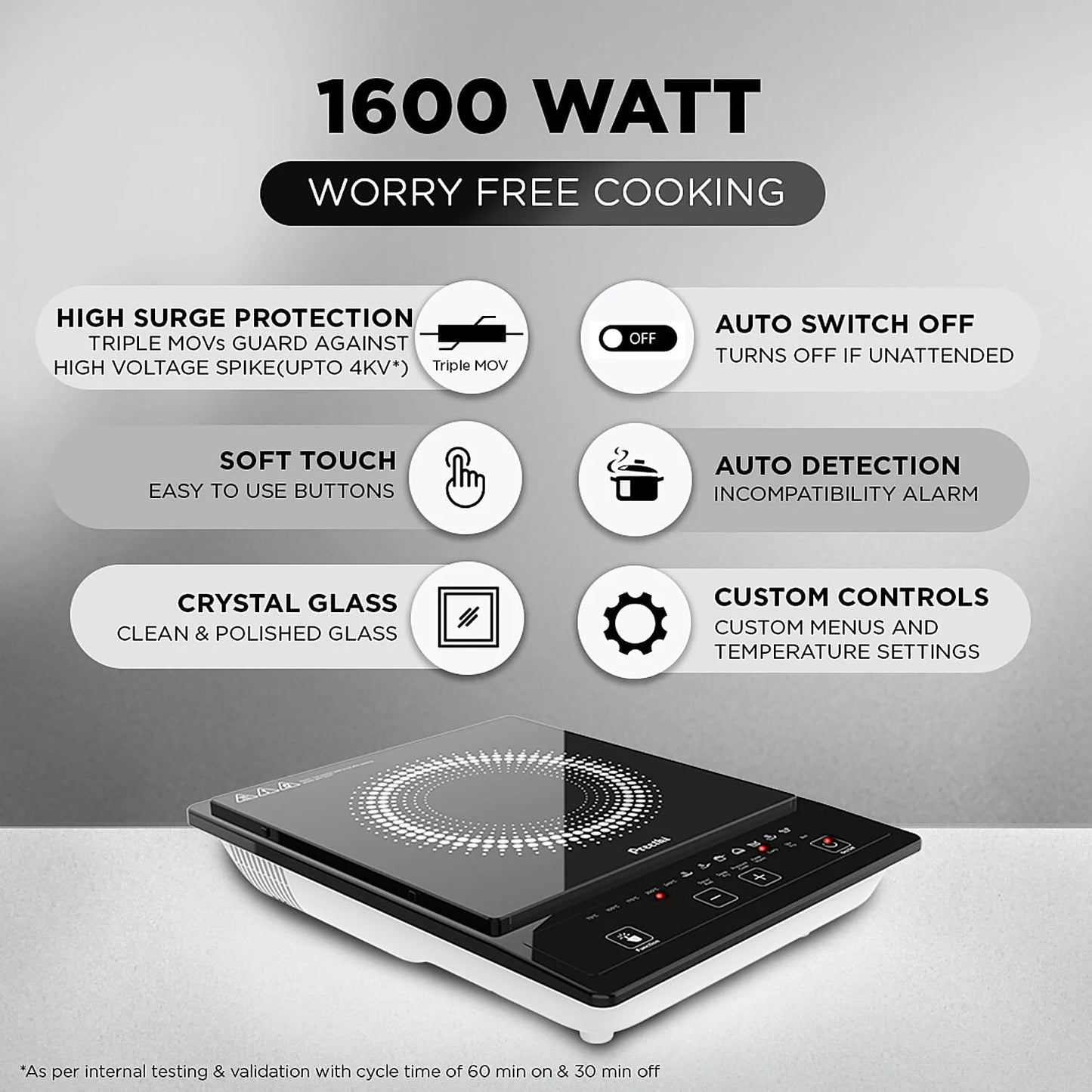 Preethi Indicook IC123 1600W Induction Cooktop with Preset Menus & Safety Features
