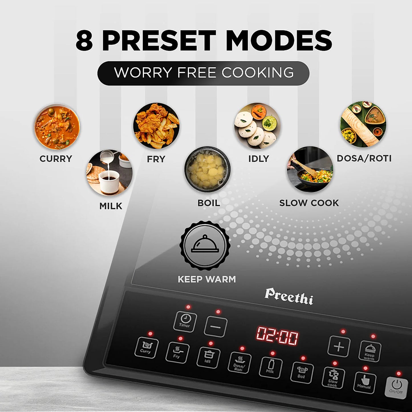 Preethi Indicook IC124 2100W Induction Cooktop Preset Menu Black #