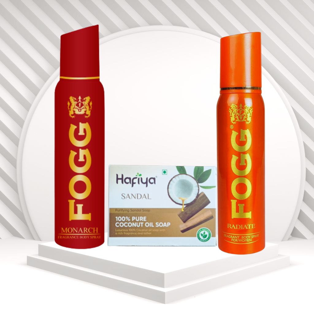 Hafiya Sandal Soap,Fogg Monorch & Radiate Perfume Combo 3Pcs Set Offer