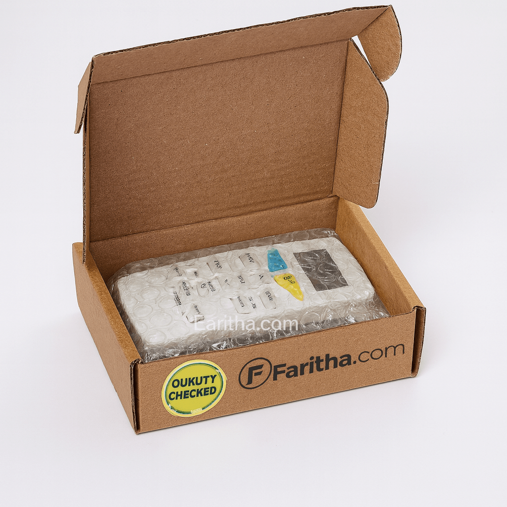 Open cardboard box with a product inside, featuring 'Faritha.com' branding.
