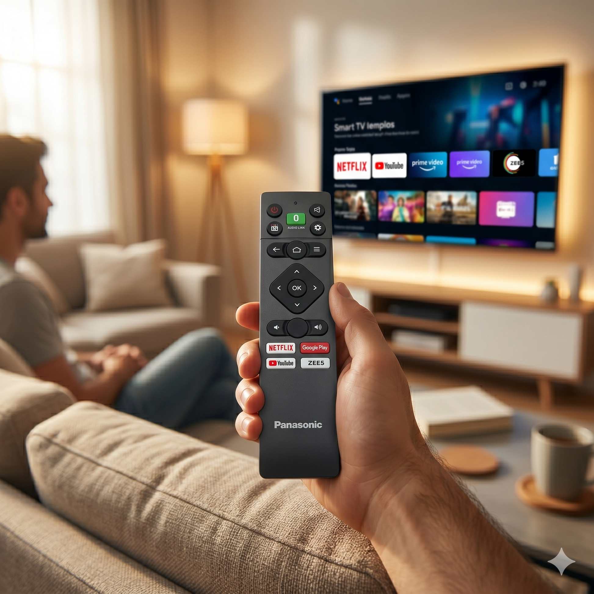 Panasonic Smart TV Remote back view — compatible Netflix YouTube ZEE5 Google Play India