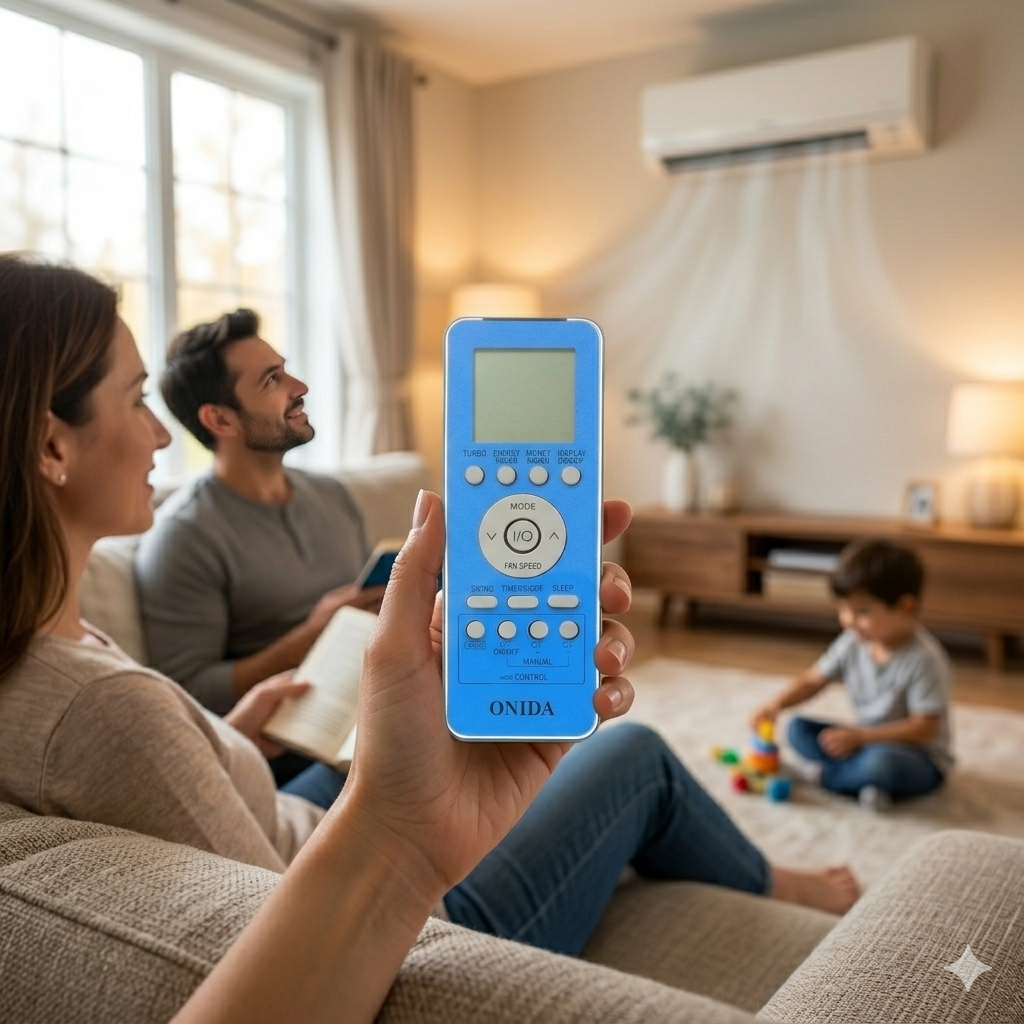 Onida I-Cool AC Remote back view — 2 AAA batteries plug play India Faritha 2026