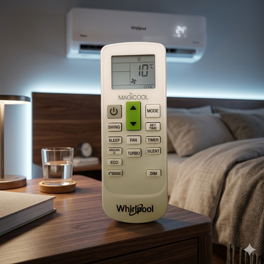 Whirlpool Magicool AC Remote AC225 back view — 2 AAA batteries India Faritha 2026
