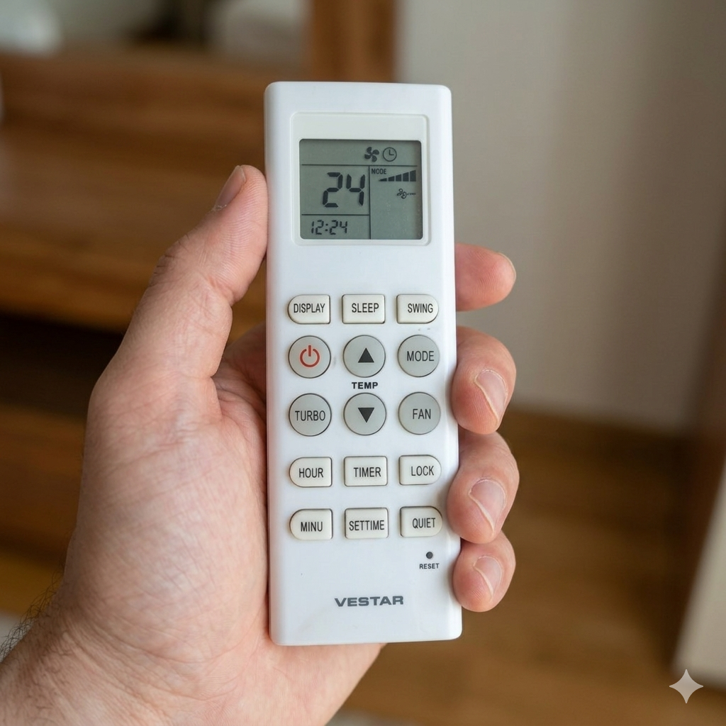 Vestar air conditioner remote front view — plug play India 2026