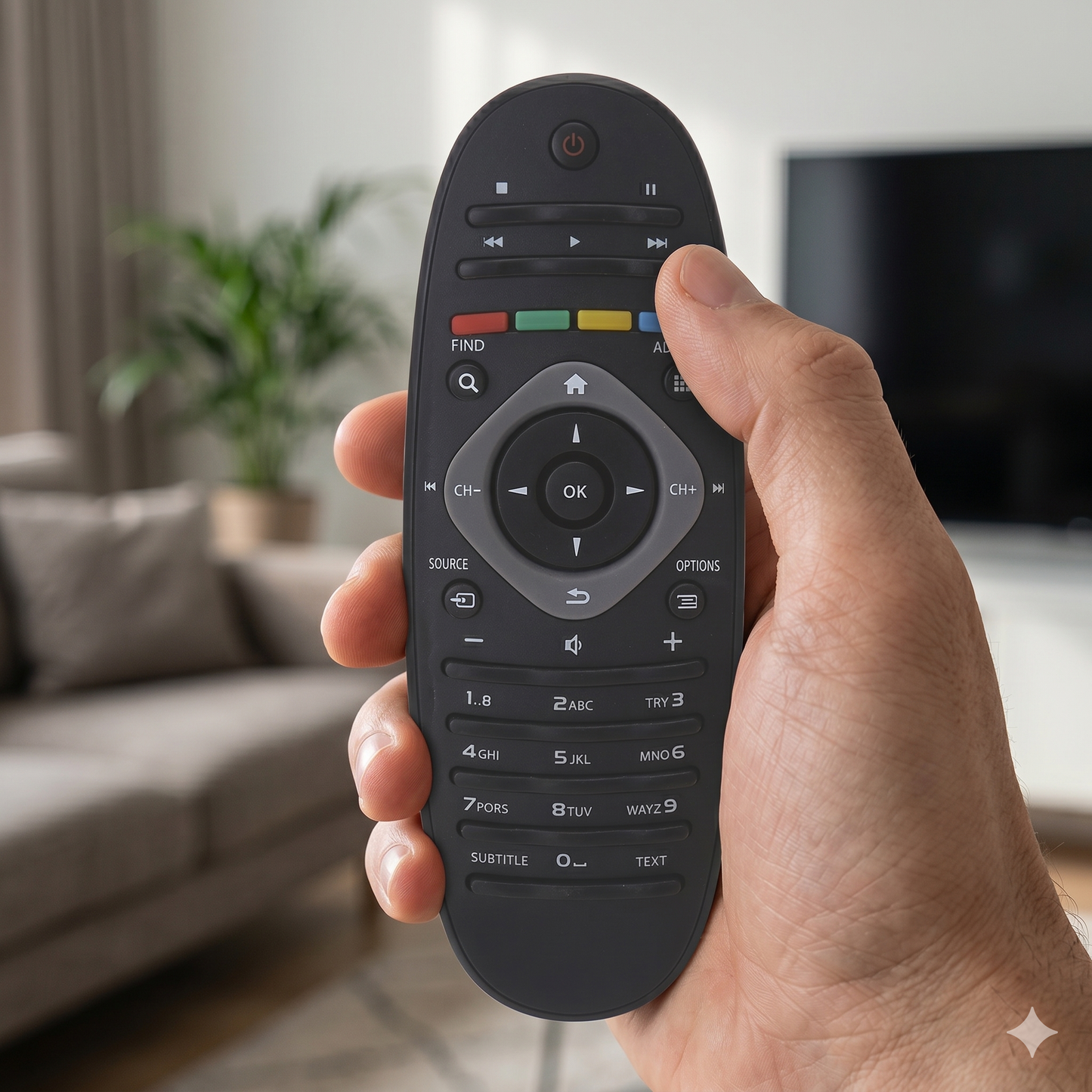 Philips LCD LED Remote back view — 2 AAA batteries no programming India