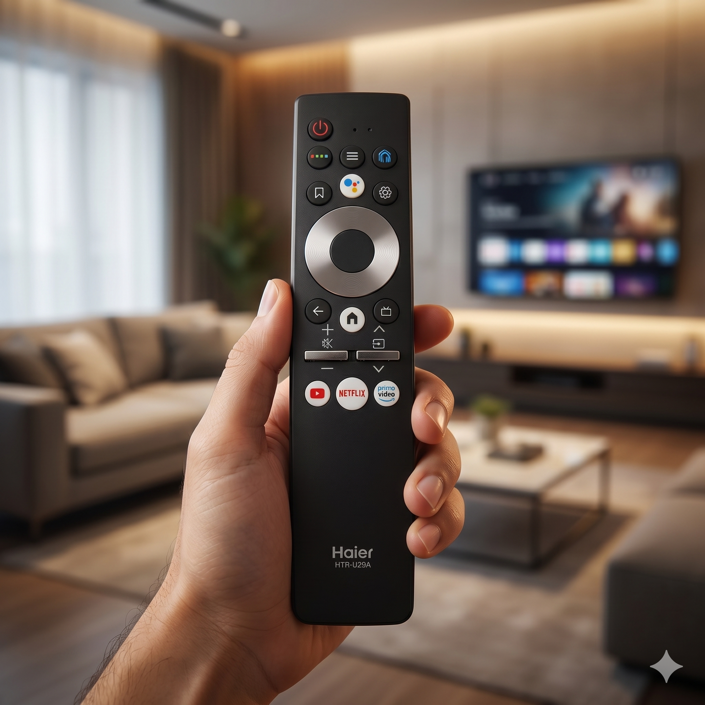 Haier Smart TV Remote buttons — Hotstar Netflix YouTube Prime Video voice labeled India 2026