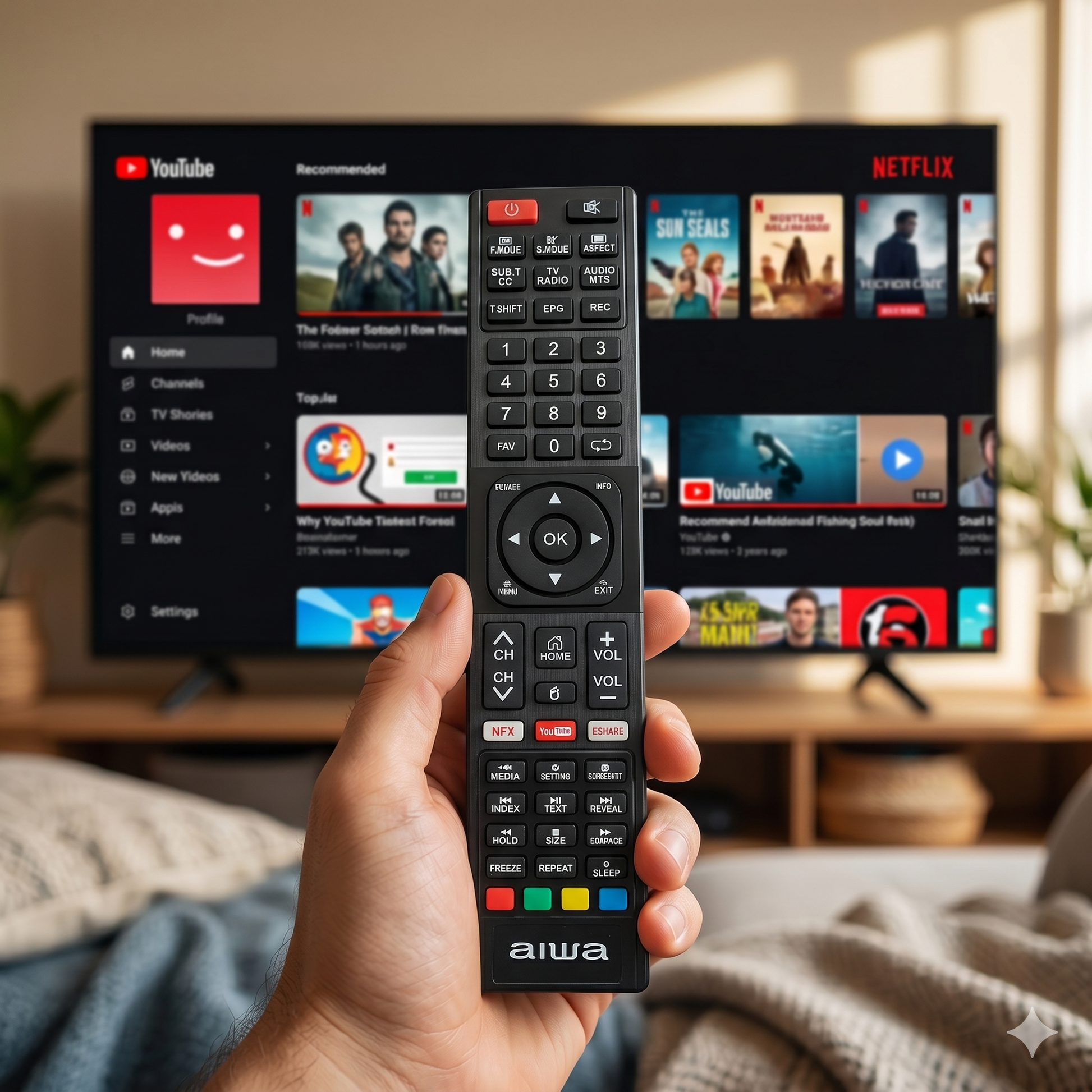 Aiwa Smart TV Remote front view — Netflix YouTube compatible India Faritha 2026