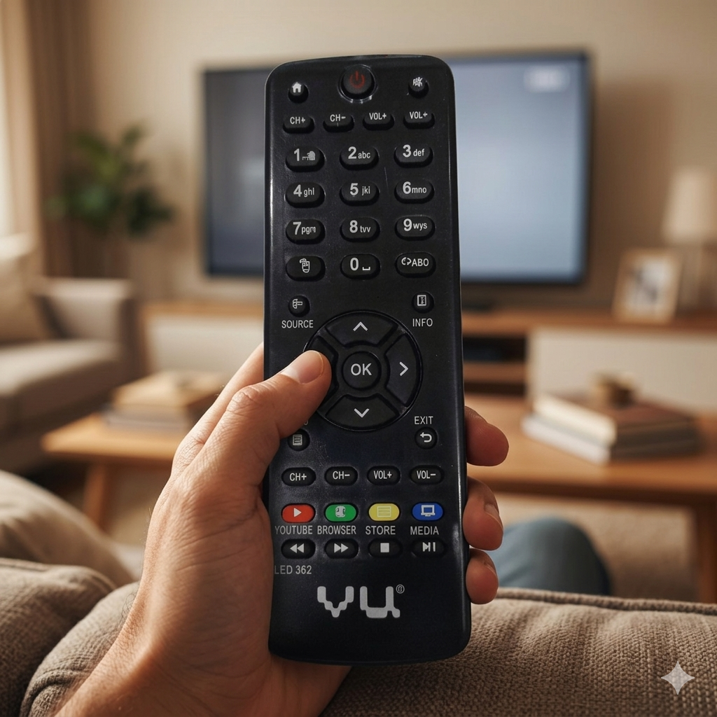 VU LED TV Remote back view — 2 AAA batteries plug play India Faritha