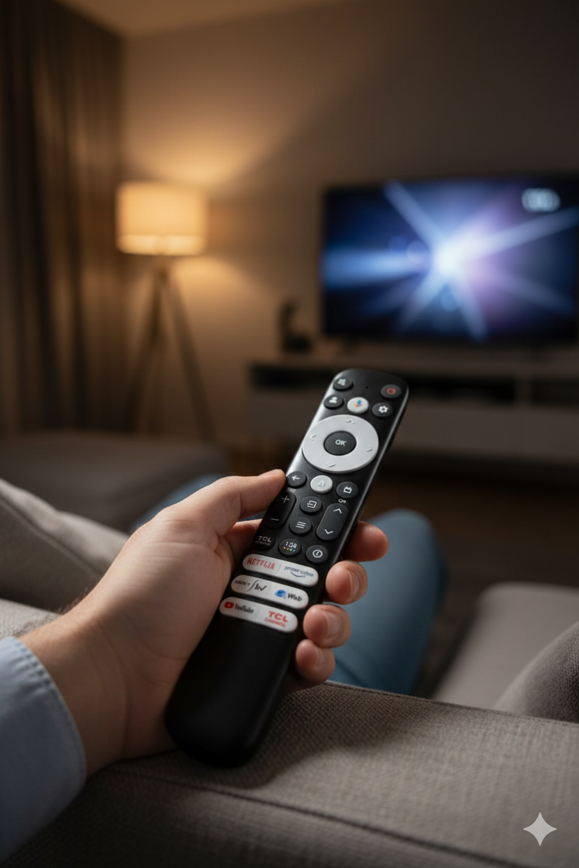 TCL Smart TV Voice Remote with Google Assistant front view — Netflix Prime Video YouTube SonyLIV shortcuts India Faritha