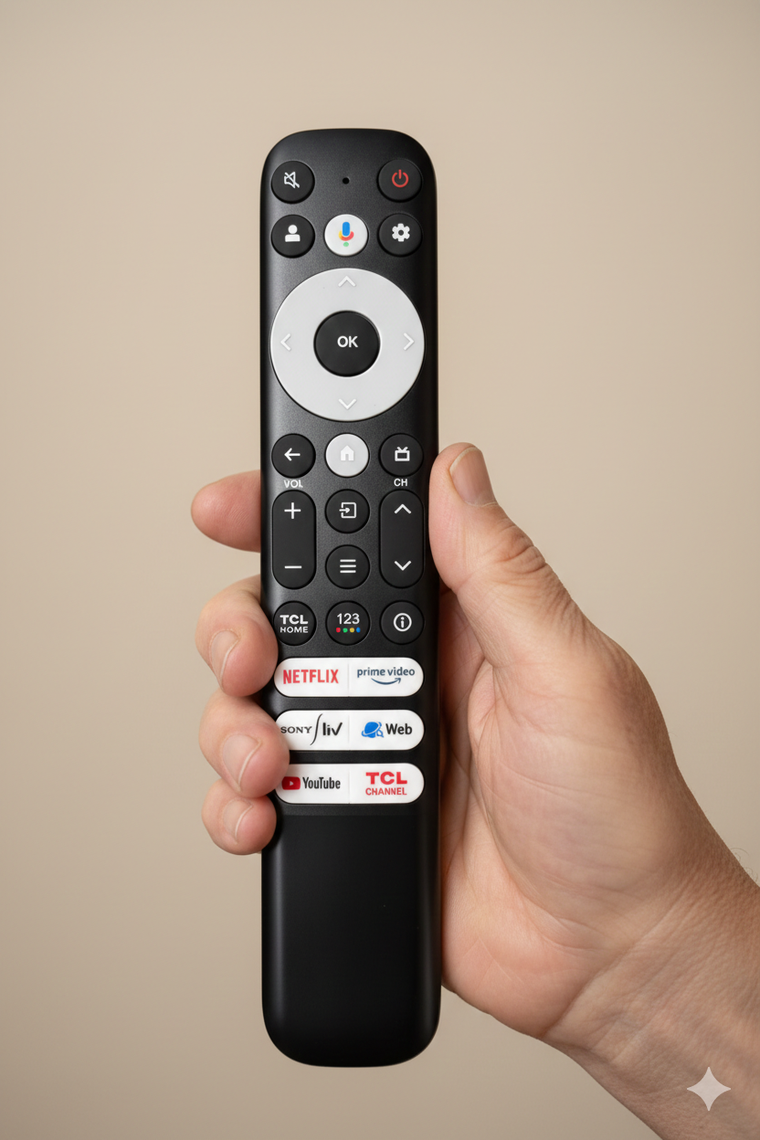 TCL Smart TV Voice Remote button layout — Google Assistant Netflix Prime Video YouTube voice control India
