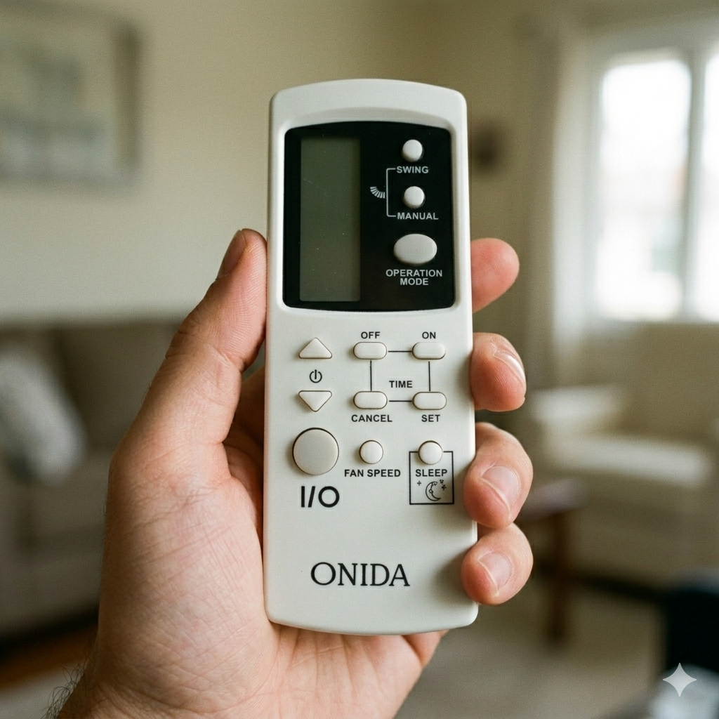 Onida AC Remote Model 37 AC44 back view — 2 AAA batteries India Faritha 2026