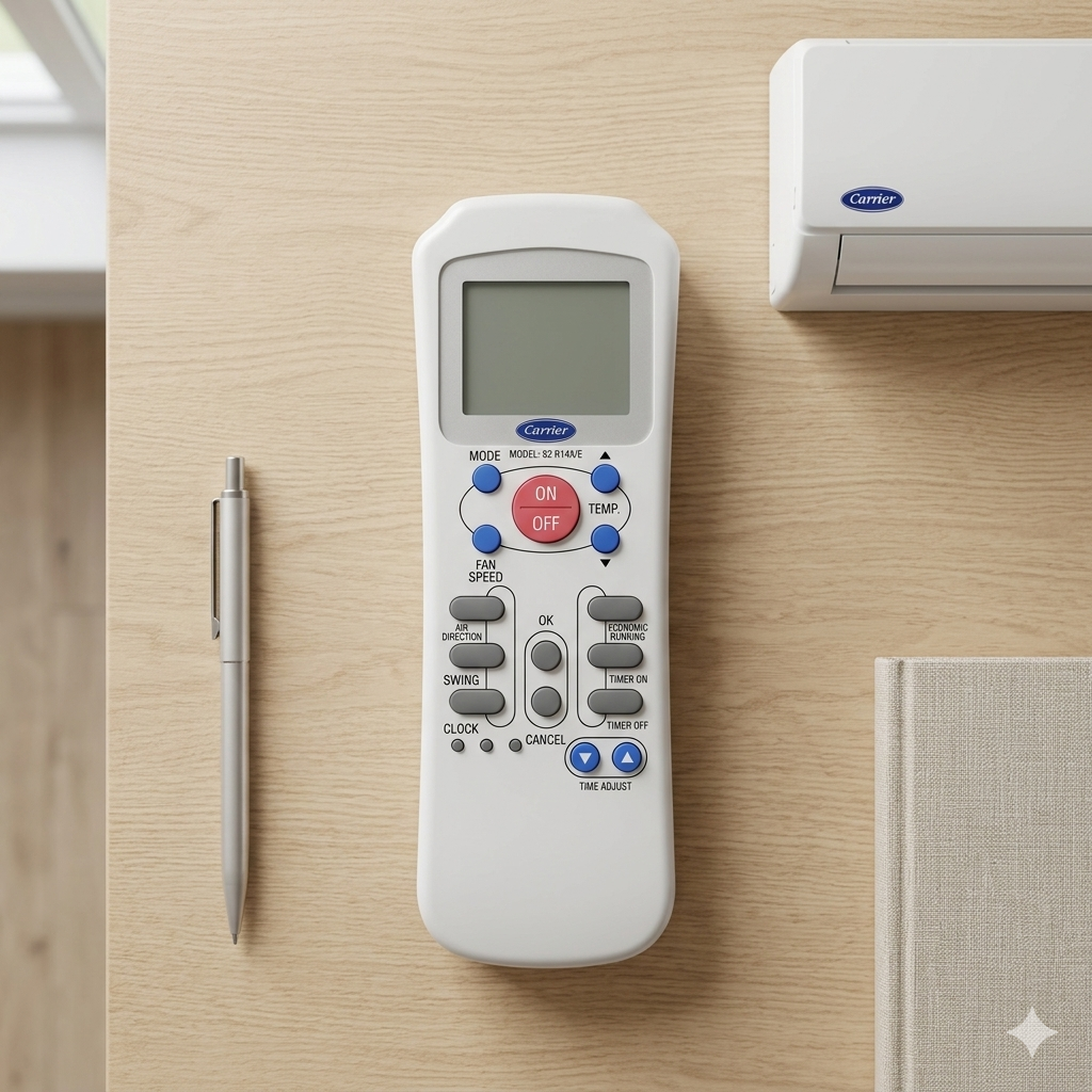 Carrier AC Remote Model 82 R14A back view — 2 AAA batteries India Faritha 2026