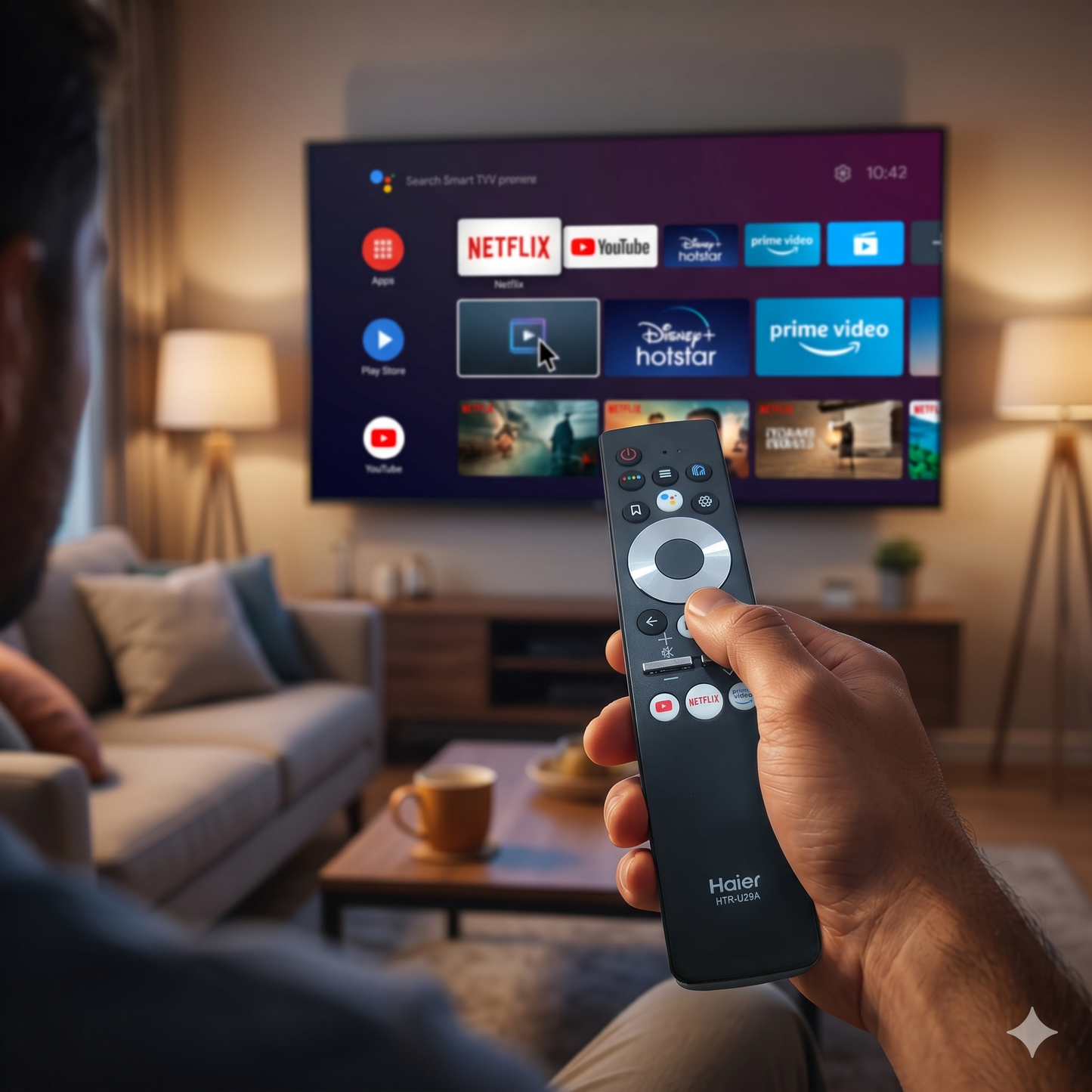 Haier Smart TV Remote lifestyle — person using Haier TV replacement remote India 2026