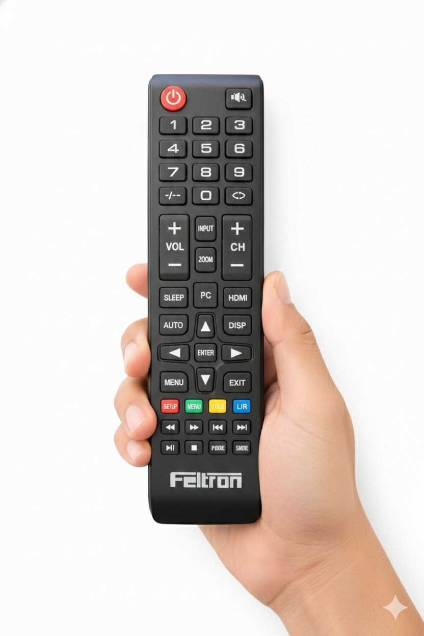 Hand holding a Felton remote control against a white background
