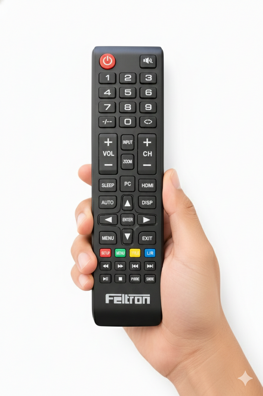 Hand holding a Felton remote control against a white background