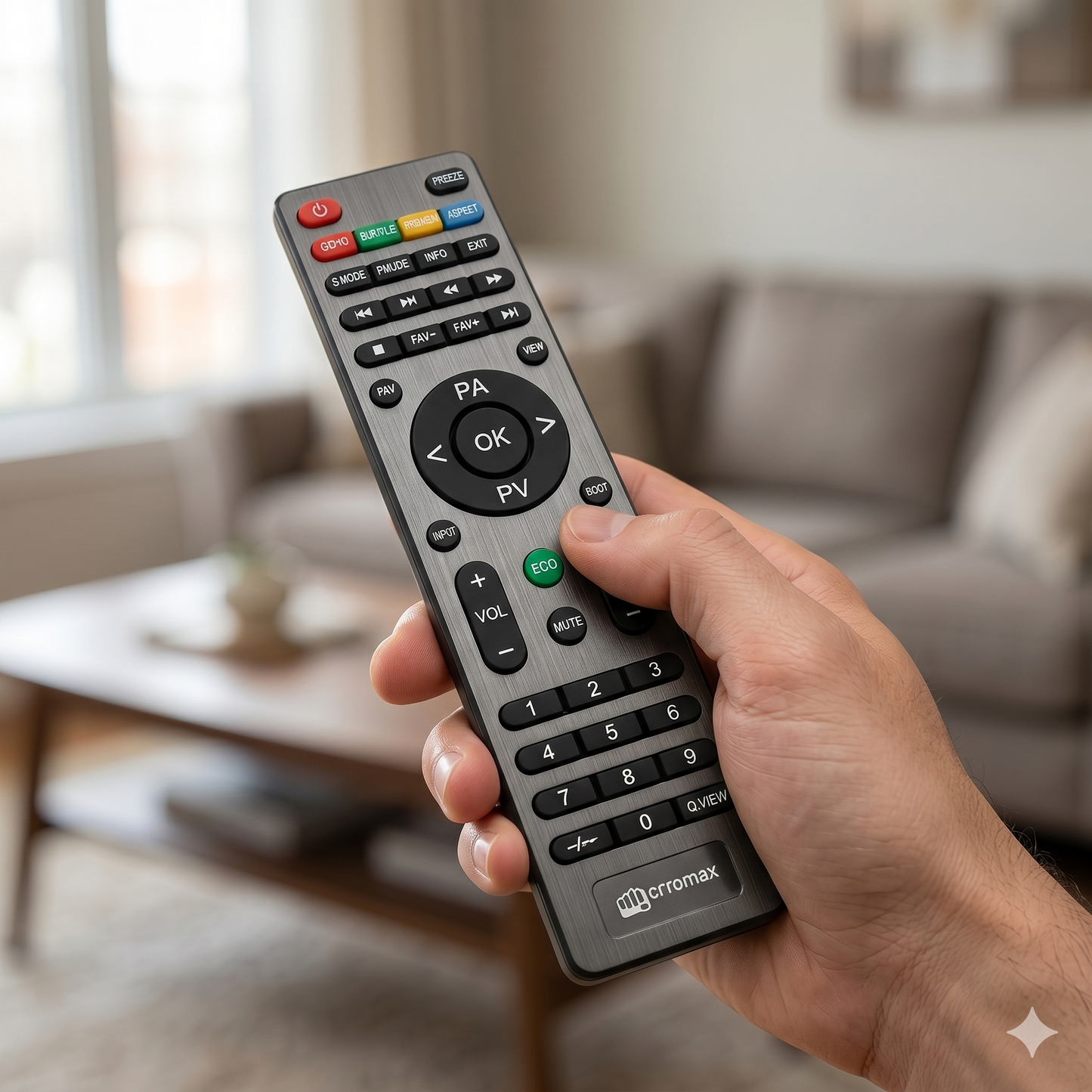 Micromax LD41F Remote lifestyle — compatible Micromax TV remote in use India 2026