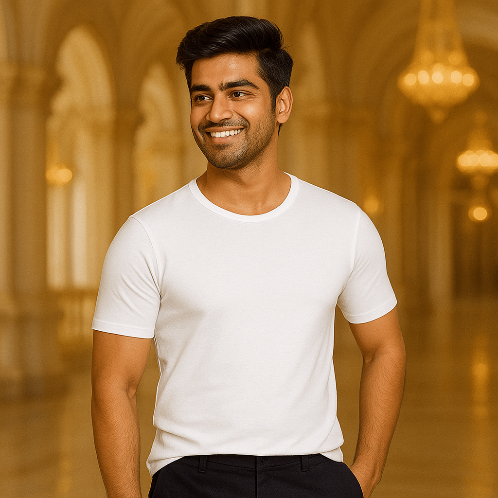 Man wearing a white t-shirt in an elegant interior setting