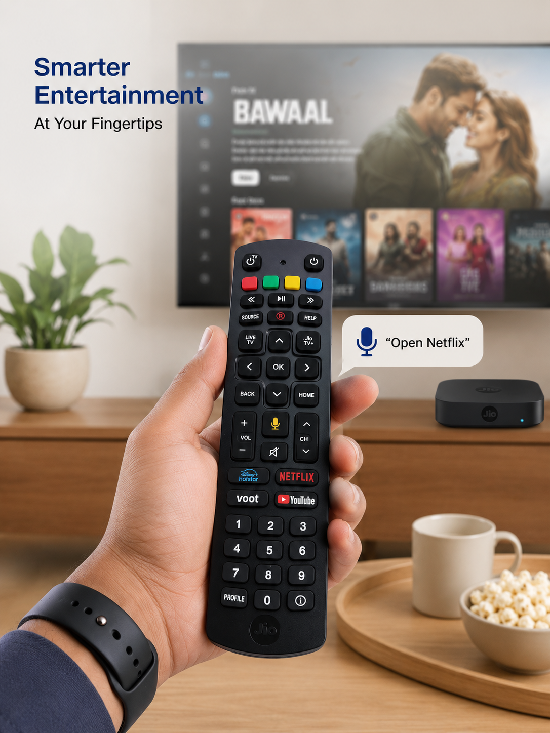 Jio STB Remote buttons — OTT shortcuts JioCinema JioTV voice control India Faritha