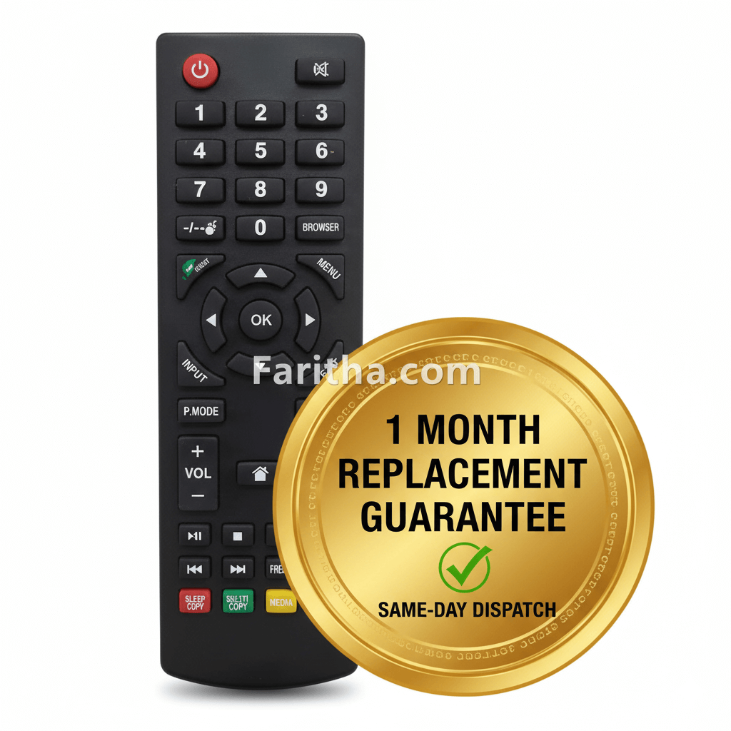 Black remote control with a gold '1 Month Replacement Guarantee' badge on a white background