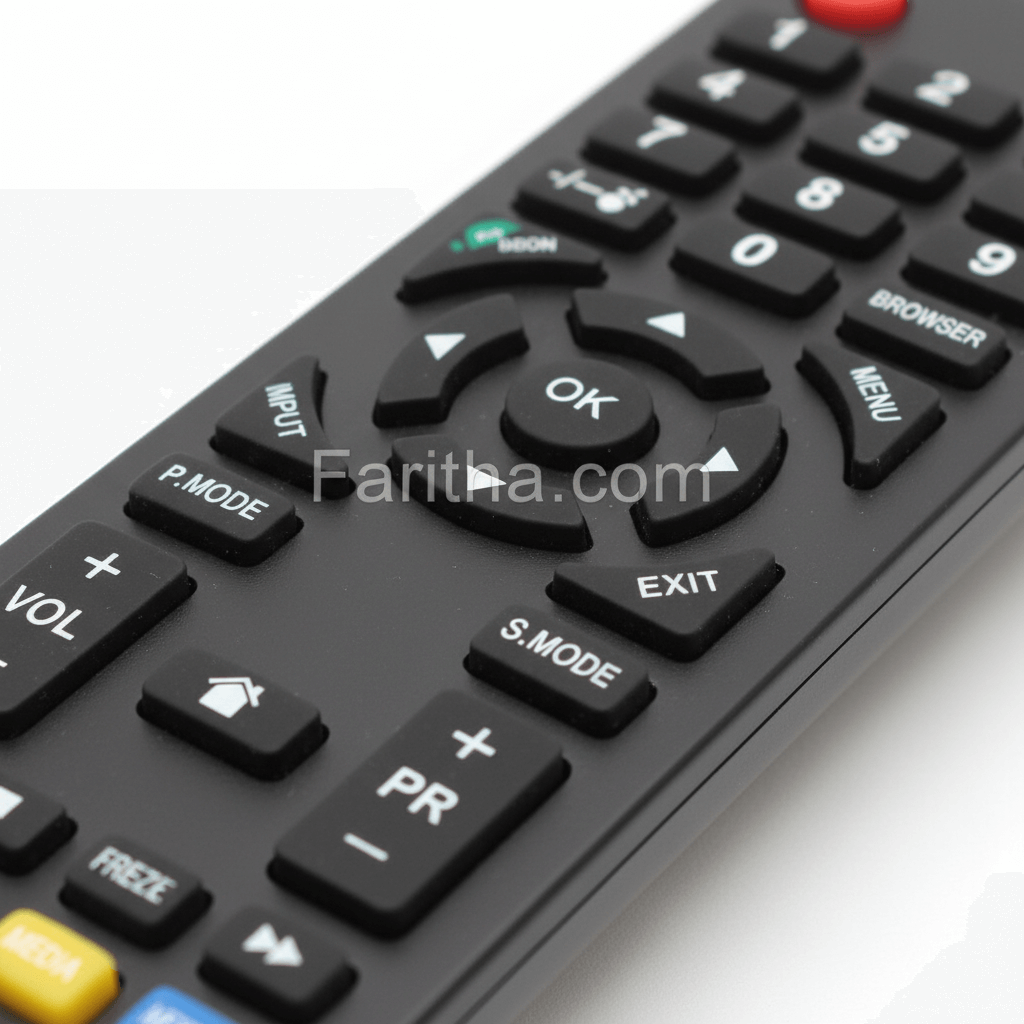 Close-up of a black remote control with various buttons on a white background
