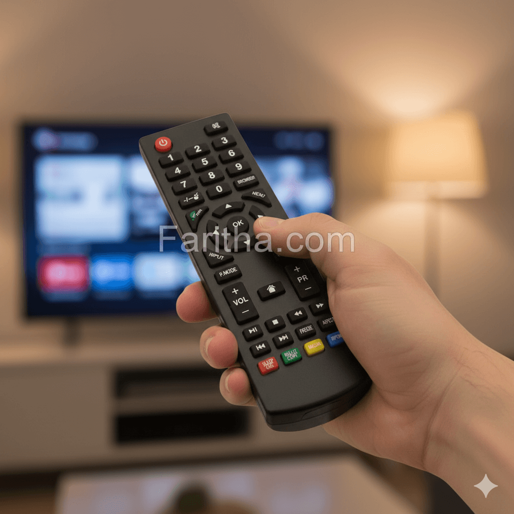 Hand holding a remote control with a blurred TV in the background