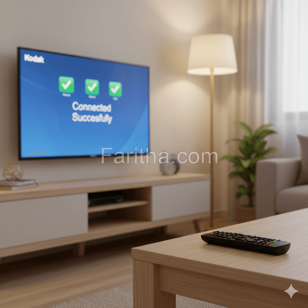 Living room with a television displaying 'Connected Successfully' on a screen, a remote control on a table, and a blurred background.