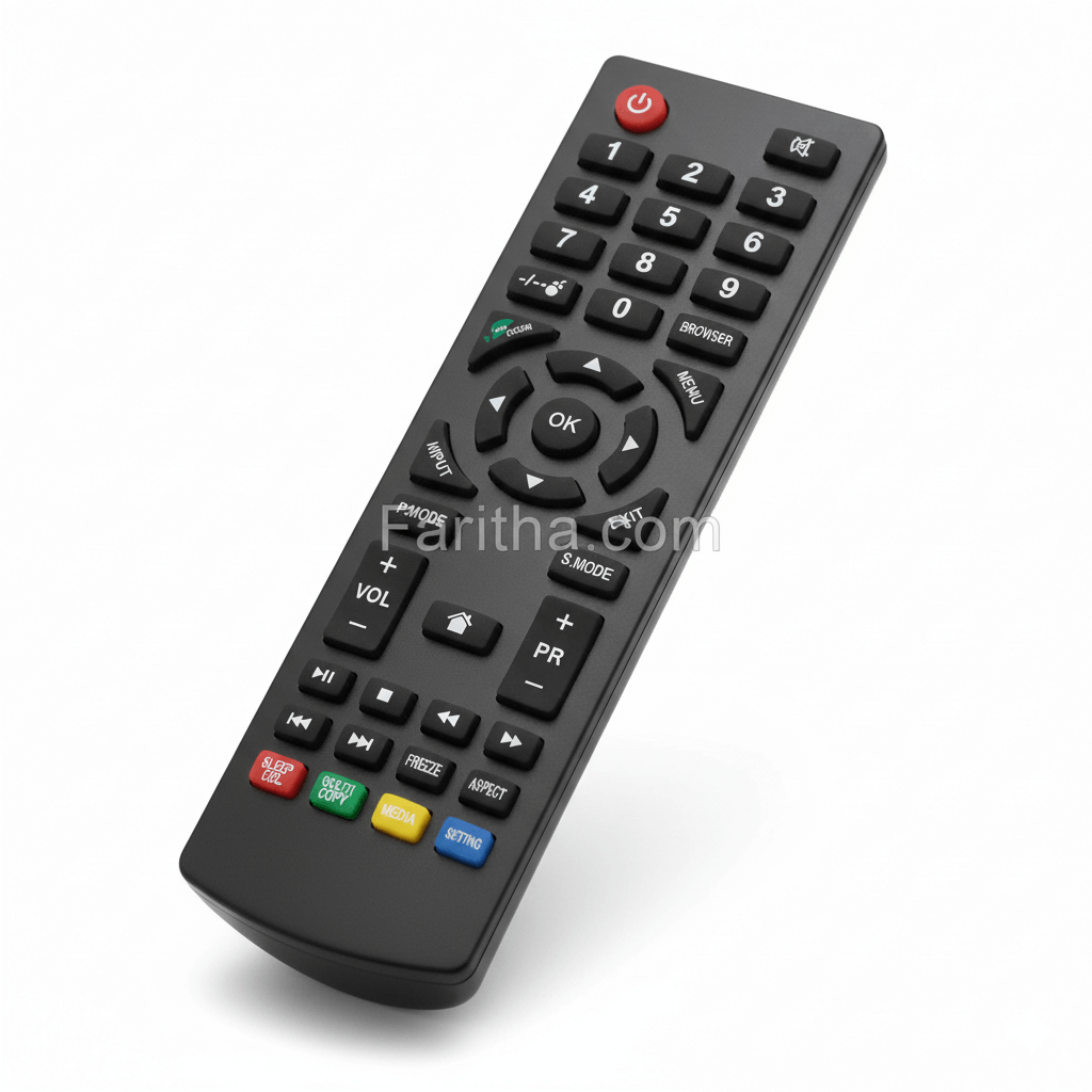 Black remote control with various buttons on a white background