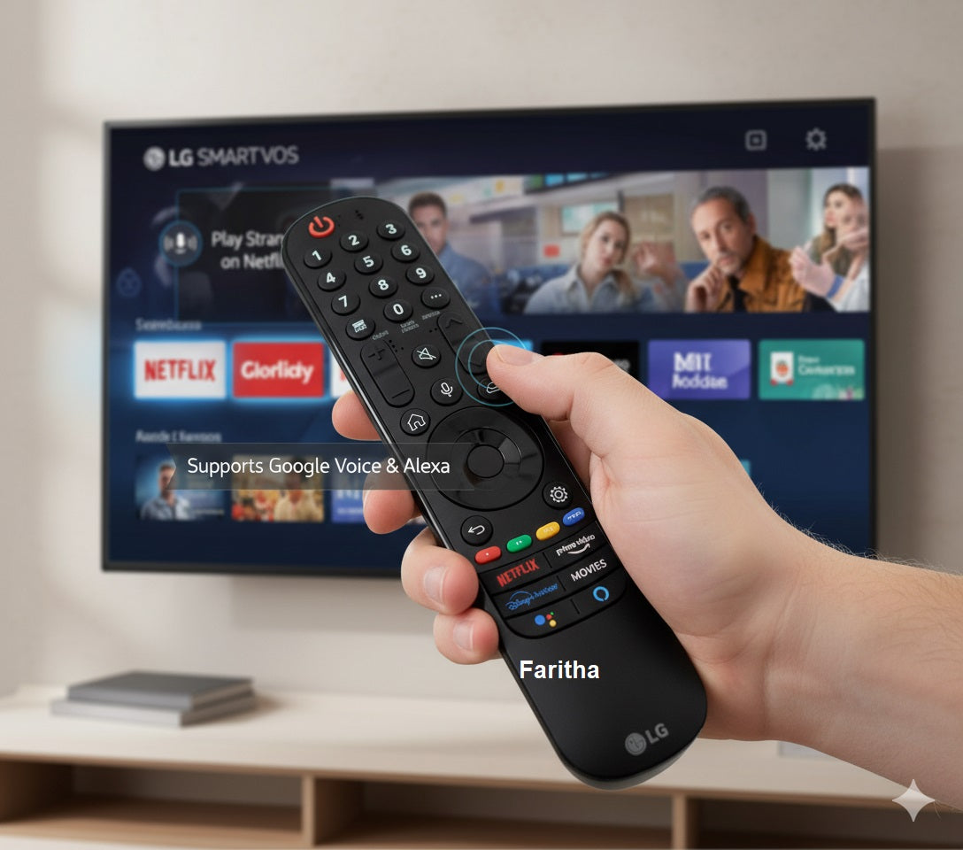 Hand holding an LG remote control with a TV displaying multiple streaming services in the background.