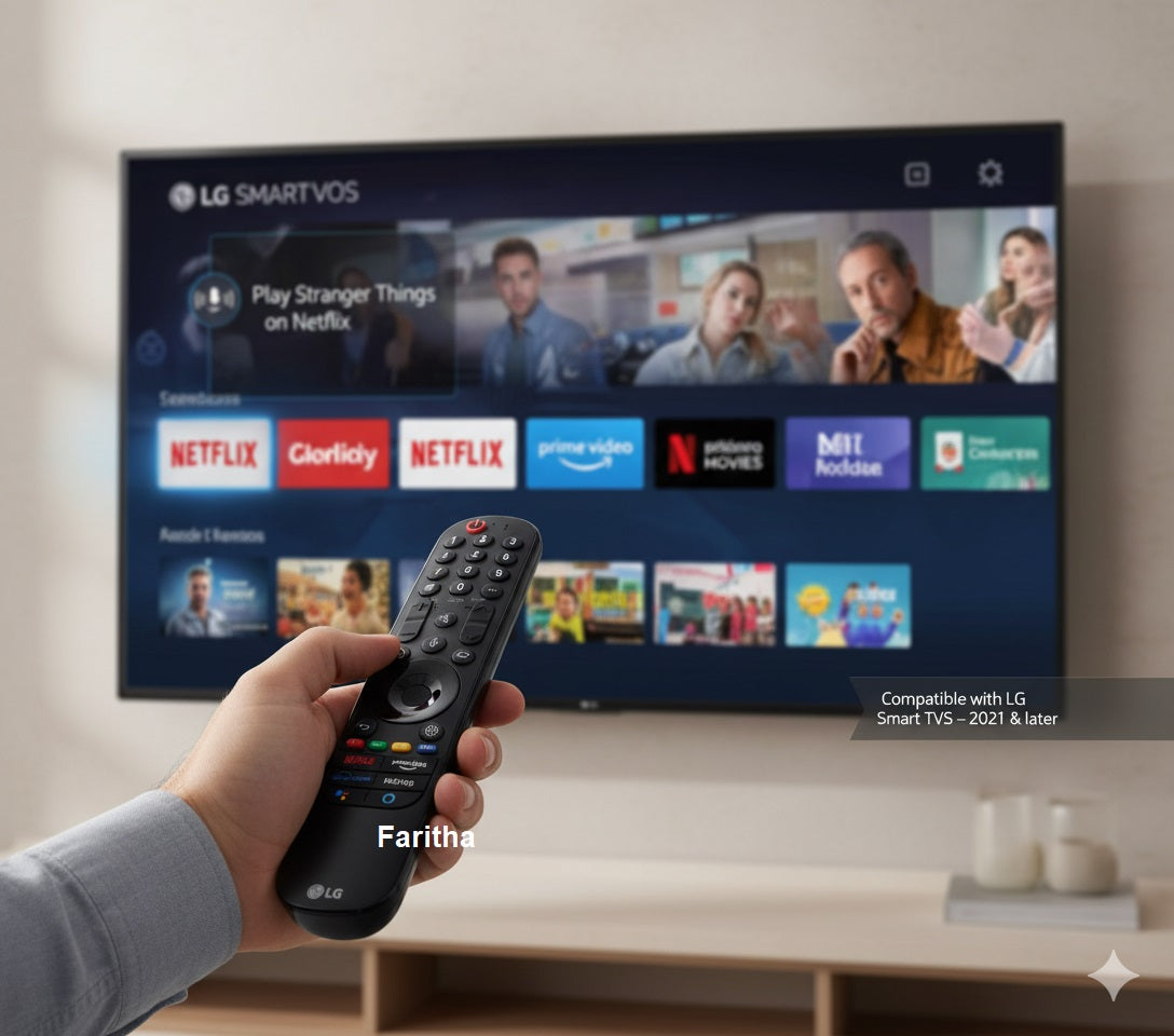 Hand holding a remote control in front of an LG Smart TV displaying streaming app icons.