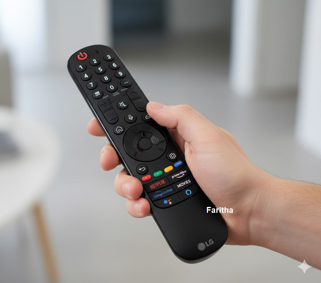 Hand holding an LG remote control with a blurred indoor background