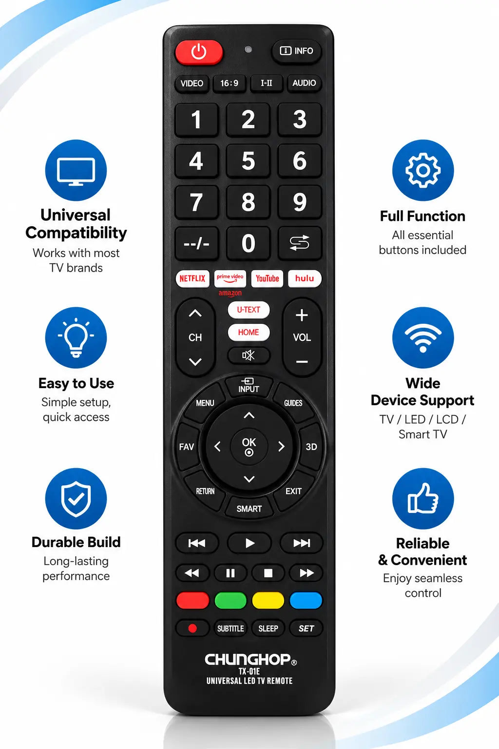 CHUNGHOP TX-01E Universal TV Remote Control for Smart LED LCD TV